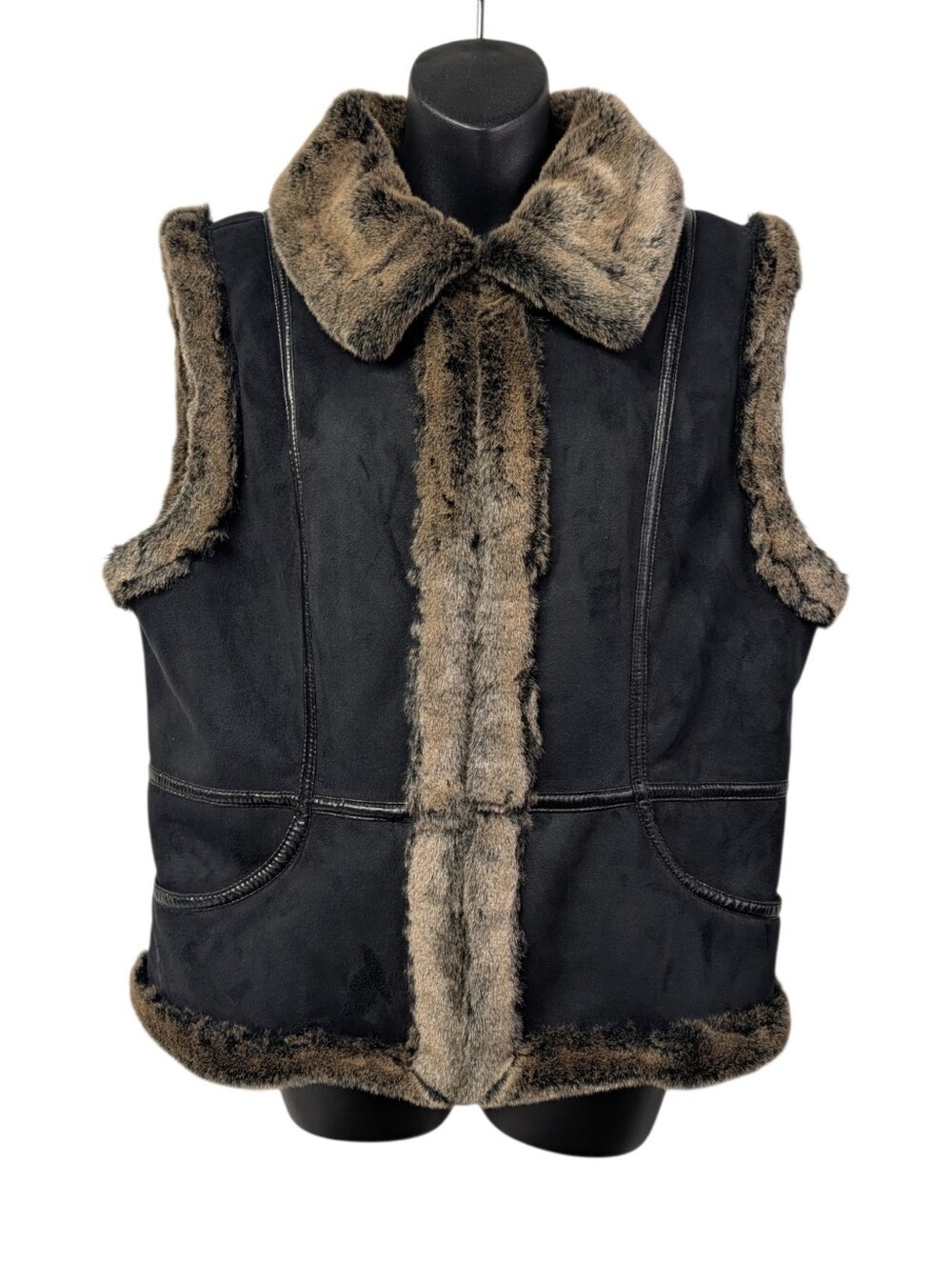 Sharon Young Black Faux Suede Vest Faux Fur Trim Collar Size L Shearling Style